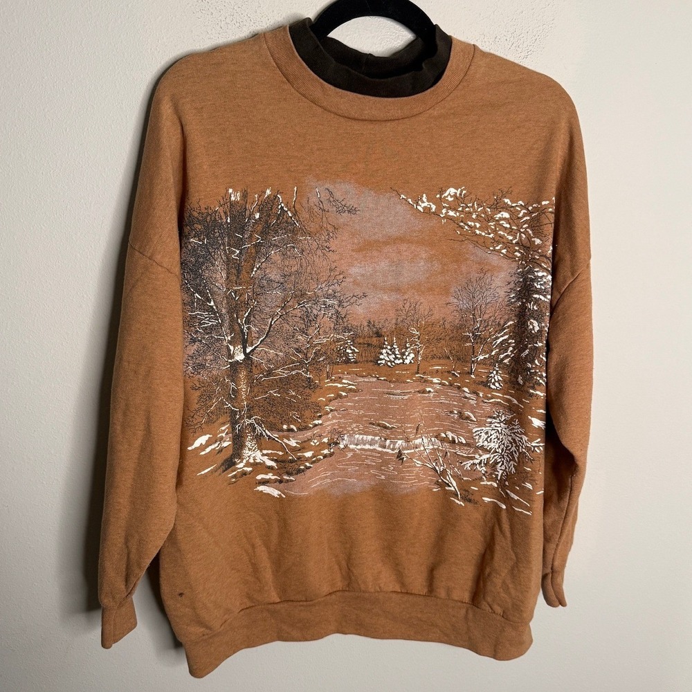 Vintage Separate Issue Women's 18W Tan Scenic River Graphic Print Sweater Retro